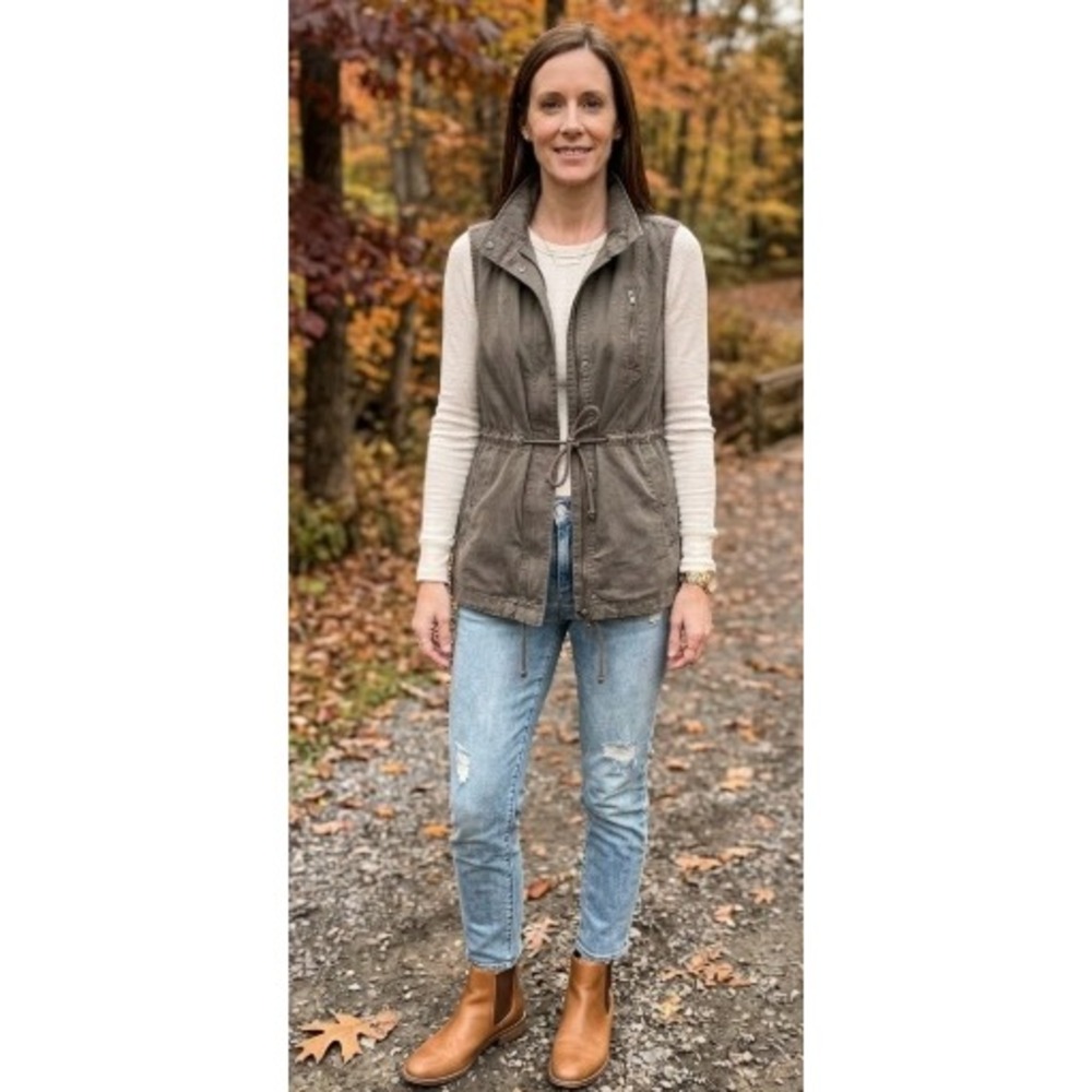 Per Se Women Army Green Utility Vest Drawstring Military Full Zip Sz Large Cargo